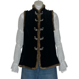 Faux Fur Trim Black Velvet Cardigan Funnel Neck Vest Toggle Closures Sz M
